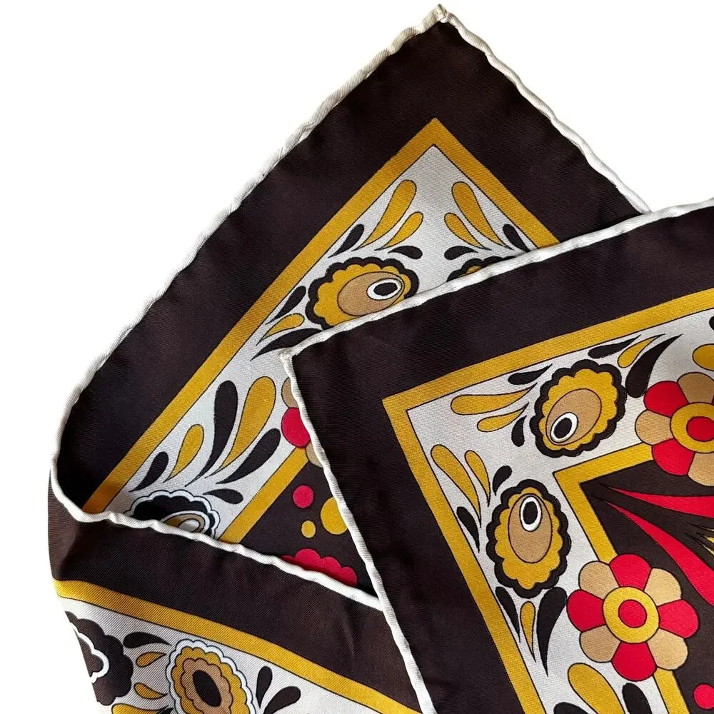 Vintage 70s silky square scarf brown tan gold orange paisley print hand rolled